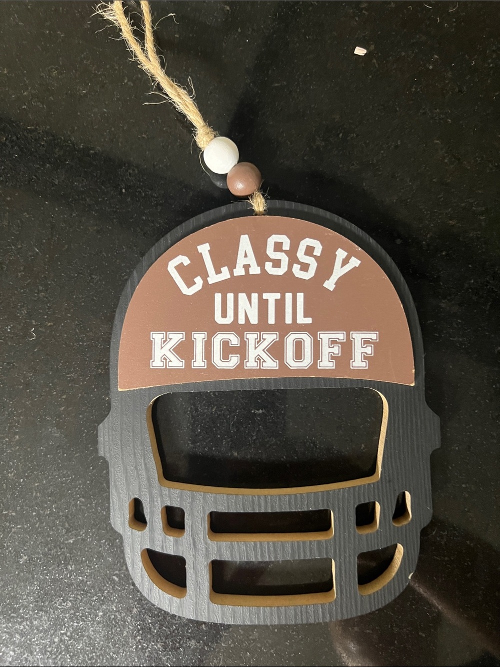 Classy Until Kickoff Kids Football Helmet Ornament - Brown and Black 6 inches